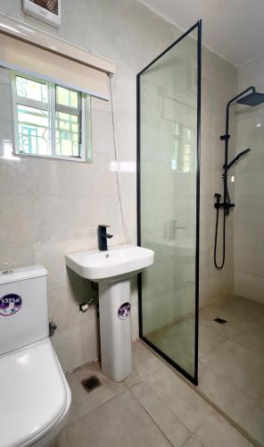 a bathroom with a toilet and a sink and a shower at House 27 in Abuja