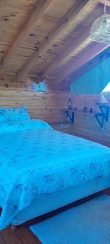a bedroom with a blue bed with a wooden ceiling at Los Trevelinos in Trevelin