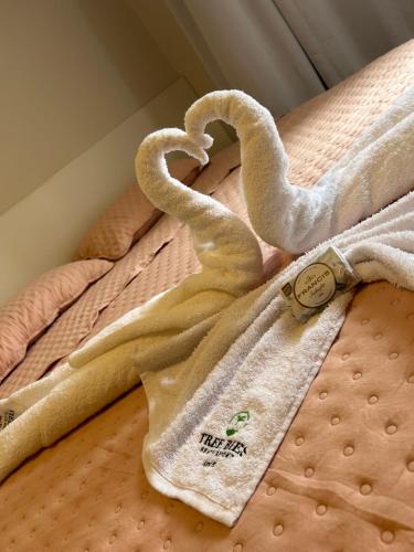 a bed with a towel and swans on it at TREE BIES RESORT, Apartamento Refúgio dos Sonhos 3 quartos, 2 suítes in Subaúma