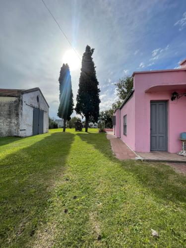 a yard with two trees and a pink house at Casa de campo en Torres in Luján