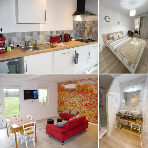 trois vues différentes sur une cuisine et un salon dans l'établissement Maison Les Coquelicots - Wifi, Calme, Parking privé, à Hem-Lenglet