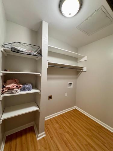 a walk in closet with white shelves and a light at Apartment in Lexington, SC in Lexington