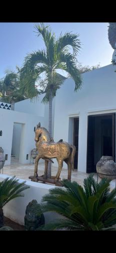 a statue of a dog standing next to a palm tree at Dhow House in Shela