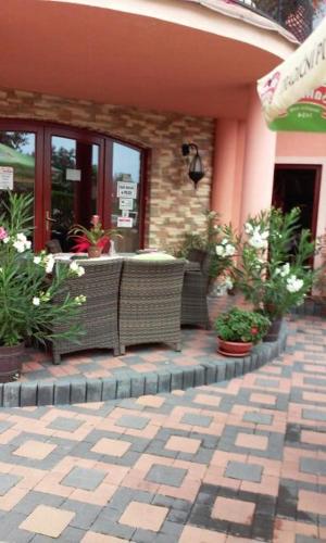 a patio with chairs and plants in front of a building at Alba Regia Pansion Egri in Jahodná
