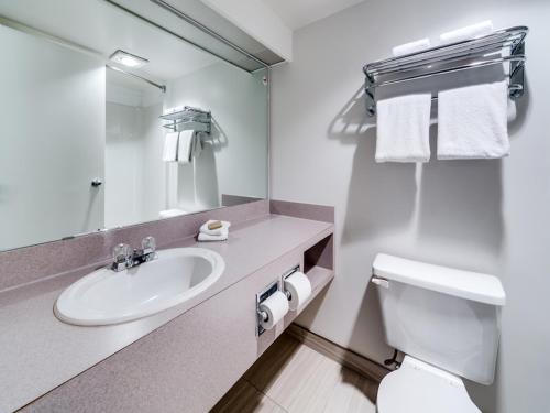 a bathroom with a sink and a toilet and a mirror at Heritage Inn Hotel & Convention Centre - High River in High River