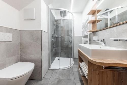 een badkamer met een douche, een toilet en een wastafel bij Appartamenti Vilin in San Cassiano