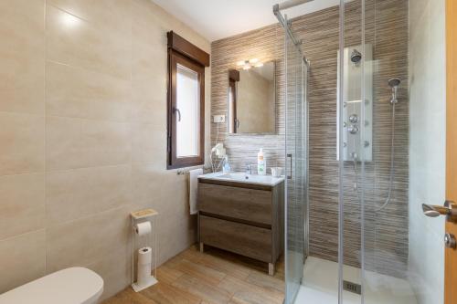 ein Badezimmer mit Toilette, Waschbecken und Dusche in der Unterkunft Casa Rural Camino De Avila in Mediana de Voltoya