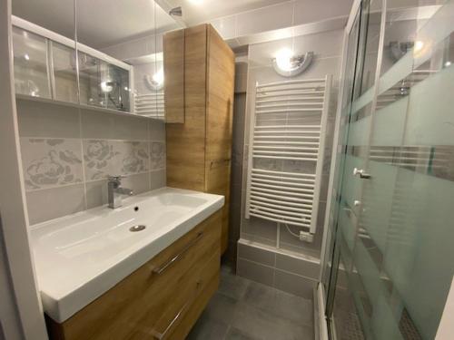 une salle de bain avec un lavabo et une douche en verre dans l'établissement Magnifique Duplex de 56m2 pour 6 Personnes, à Praz de Lys - Sommand