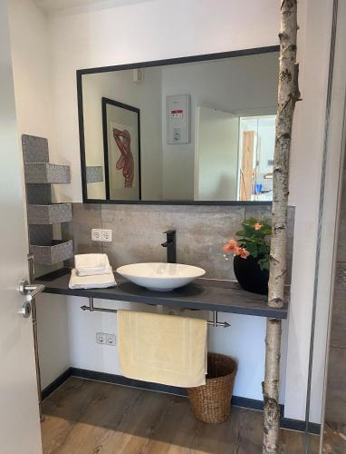 a bathroom with a sink and a mirror at Ferienwohnung Altes Zollhaus in Ering