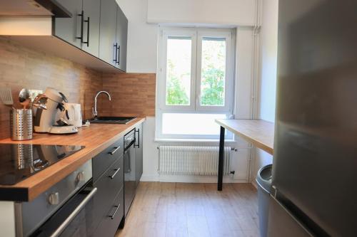 une cuisine avec un évier et une fenêtre dans l'établissement La Maison du temps ensemble, à Mulhouse