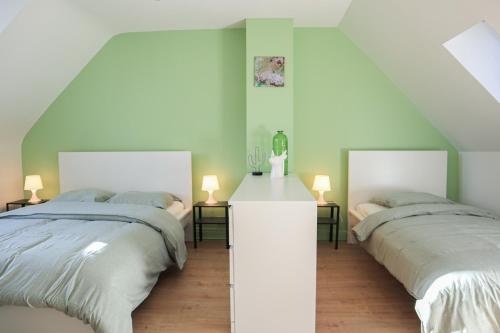 - 2 lits dans une chambre aux murs verts dans l'établissement La Maison du temps ensemble, à Mulhouse