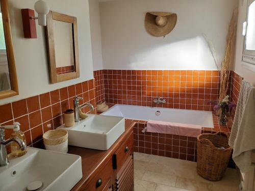 une salle de bain avec une baignoire, un lavabo et un miroir dans l'établissement Charming Famillial House with pedestrian access to Village, à Venelles