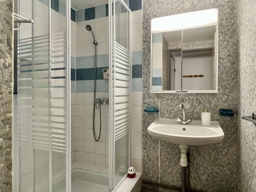 une salle de bain avec une douche, un lavabo et un miroir dans l'établissement Maison 2 pièces mezzanine 4 couchages ARGELES SUR MER AR210-020, à Argelès-sur-Mer