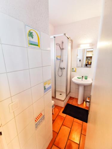 une salle de bain avec douche et lavabo dans l'établissement Villa Provençale vue mer & piscine privée, à Saint-Raphaël