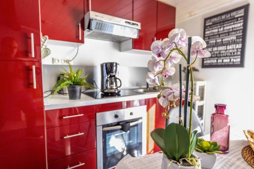 a kitchen with red cabinets and a table with a plant at Sur La Route Des Vins - Libourne in Libourne