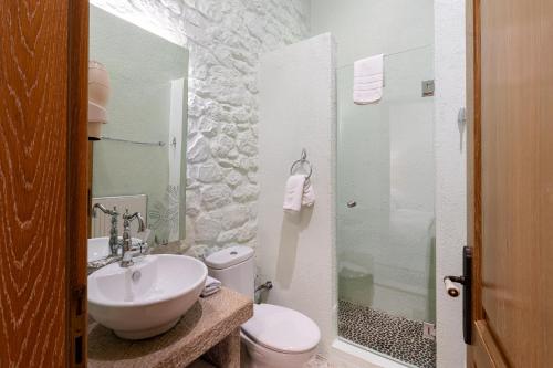 a bathroom with a sink and a toilet and a shower at Argyriou Wine Tasting Guest House in Polydrossos