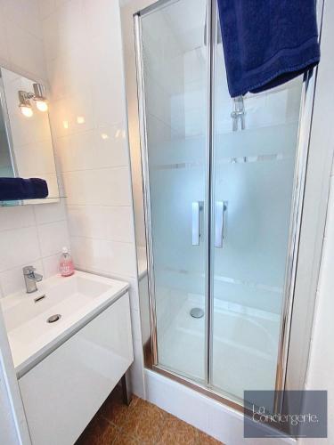 une salle de bain avec douche et lavabo dans l'établissement La Maison Foucault -Jardin Poitiers Chu Futuroscope, à Poitiers
