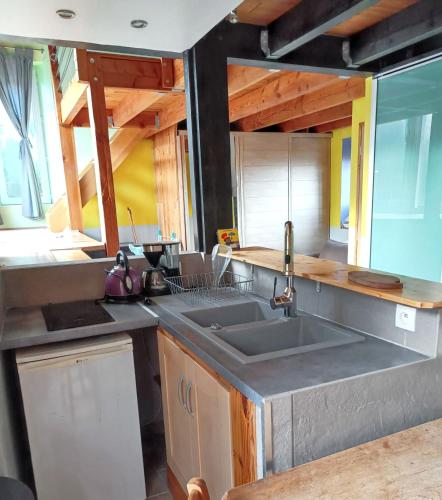 une cuisine avec un évier et un plan de travail dans l'établissement Maison avec sauna à Saint-Sauveur-en-Rue, 60 m², à Saint-Sauveur-en-Rue