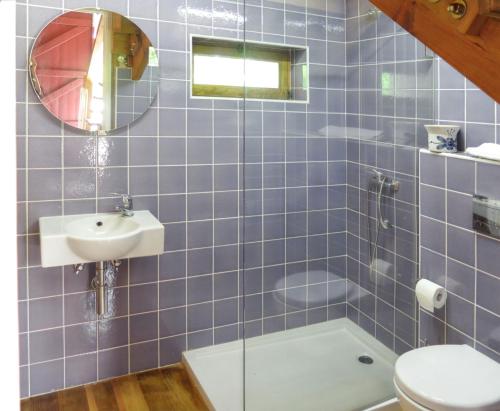 ein blau gefliestes Badezimmer mit Waschbecken und Toilette in der Unterkunft Charming House in Covelas with Shared Pool in Póvoa de Lanhoso