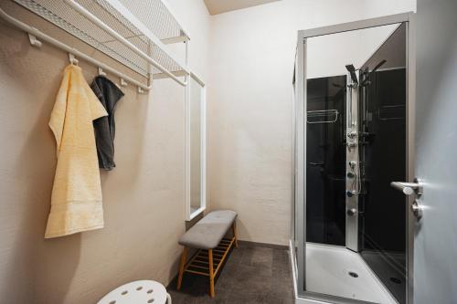 a bathroom with a shower and a glass shower door at Rikap Coliving Spaces in Jelgava