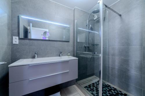 une salle de bain avec un lavabo blanc et une douche dans l'établissement T5 Chaleureux - Jardin Privatif & 2 Parking, à Villeurbanne