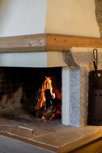 a brick oven with a fire inside of it at Argyriou Wine Tasting Guest House in Polydrossos