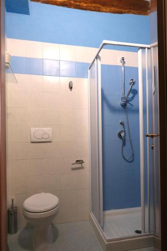 a bathroom with a shower and a toilet in it at Relais Borgo Campello in Campello sul Clitunno