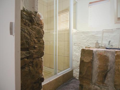 a bathroom with a shower and a sink at Barn Guesthouse in Kroonstad