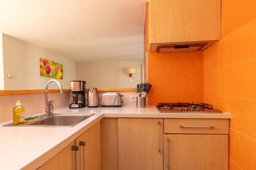 une petite cuisine avec un évier et une cuisinière dans l'établissement Cottage-8p-Les Hauts de Bruyères-225, à Chaumont-sur-Tharonne