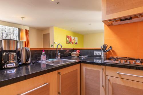 une cuisine avec un évier et un plan de travail dans l'établissement Cottage les Hauts de Bruyères-905, à Chaumont-sur-Tharonne