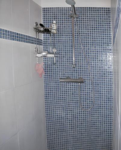 a bathroom with a shower with a blue tiled wall at Maison charmante avec vue sur la mer, Olmeto + Cheminée in Olmeto