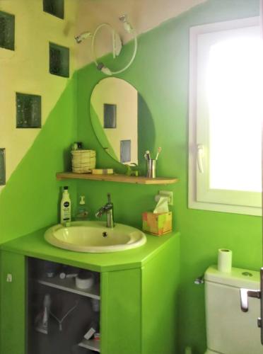 La salle de bains verte est pourvue d'un lavabo et d'un miroir. dans l'établissement Maison de campagne à Gap avec vue sur la montagne., à La Freissinouse