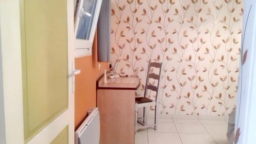 un piccolo bagno con un lavandino e una carta da parati di Maison charmante à Trédaniel avec jardin et terrasse a Trédaniel