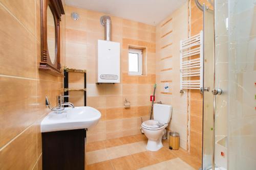 a bathroom with a toilet and a sink at Sun Village Domki in Stegna
