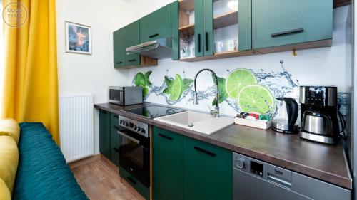 a kitchen with green cabinets and a counter top at Apartamenty Good Time - Belle View - Centrum in Szklarska Poręba