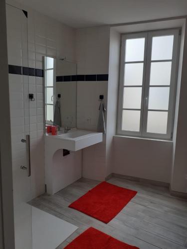 La salle de bains est pourvue d'un lavabo, d'un miroir et d'un tapis rouge. dans l'établissement Gîte de l'ancienne boulangerie de Mosnac, à Mosnac