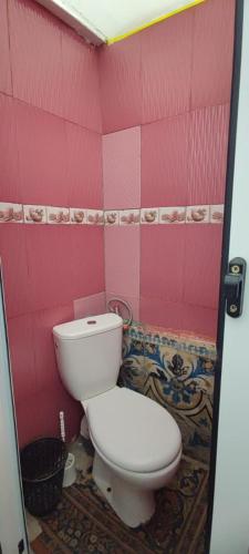 a bathroom with a white toilet in a pink wall at Coopérative Tourisme Social Maison D'hôtes in Midelt