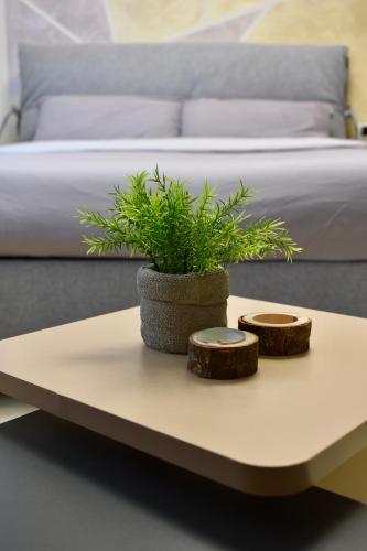 a table with a plant on it next to a bed at Eden Guest House in Somma Lombardo