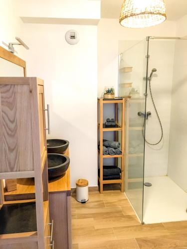 La salle de bains est pourvue d'une douche et d'une cabine de douche en verre. dans l'établissement Superbe appartement extérieur, 2 chambres, parking, à La Rochelle