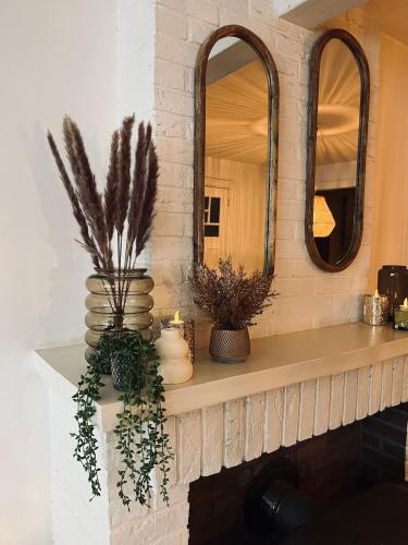 a bathroom counter with two mirrors and plants on it at Au Fil de boh'Ô in Vresse-sur-Semois
