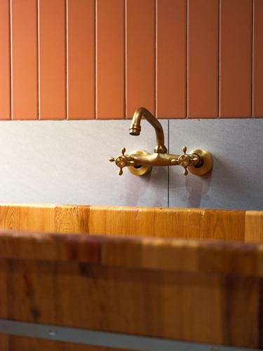 a bathroom sink with a brass faucet at Ailee Villa&Hotel TamCoc in Ninh Binh