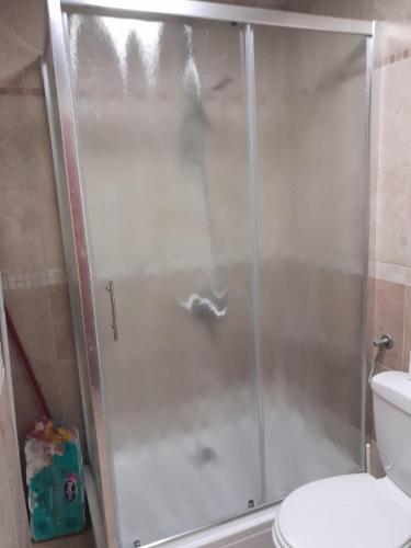 a shower with a glass door next to a toilet at Sea & Mountain View Apartment in Budva