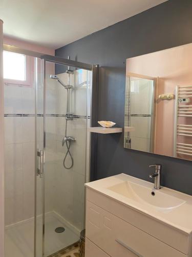 l'ESCALE في سان-بير-سور-مير: حمام مع حوض ودش مع مرآة