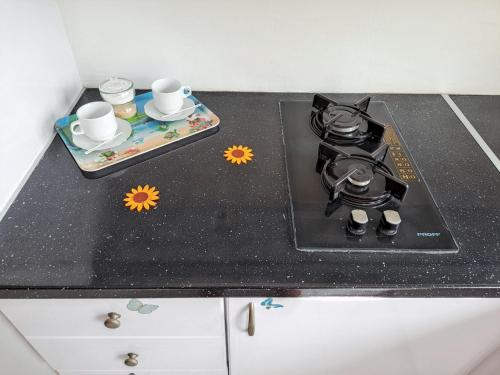 a kitchen counter with a stove and a tray with cups at Studio de charme à Bouillante, 100 m², vue sur mer et montagnes in Bouillante