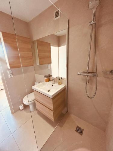 une salle de bain avec un lavabo et une douche dans l'établissement Studio Eden vue mer, à Saint-Tropez