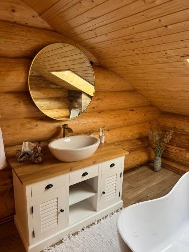a bathroom with a sink and a mirror at Cabana Om Bun in Piatra