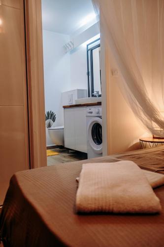 a bathroom with a bed and a washing machine in a room at Bungalow et Duplex de Island Bay in Bouillante