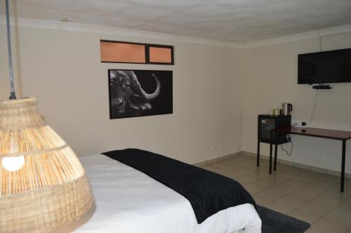 a bedroom with a bed and a desk and a television at Bougainvilla Kolwezi Guesthouse in Kolwezi