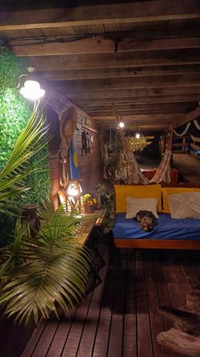 a room with a hammock and a cat sleeping on a bed at Pousada Vida Simples in São Francisco do Sul