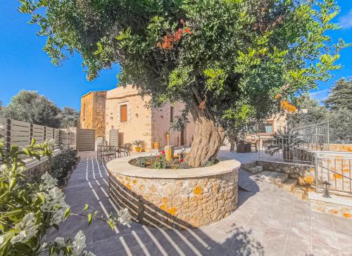 a tree in a stone wall next to a building at Achlades The Mountain Paradise Villas - Studio with pool! in Aletrouvárion